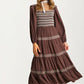 Smocked Bodice Tiered Maxi Dress with Embroidered Trim