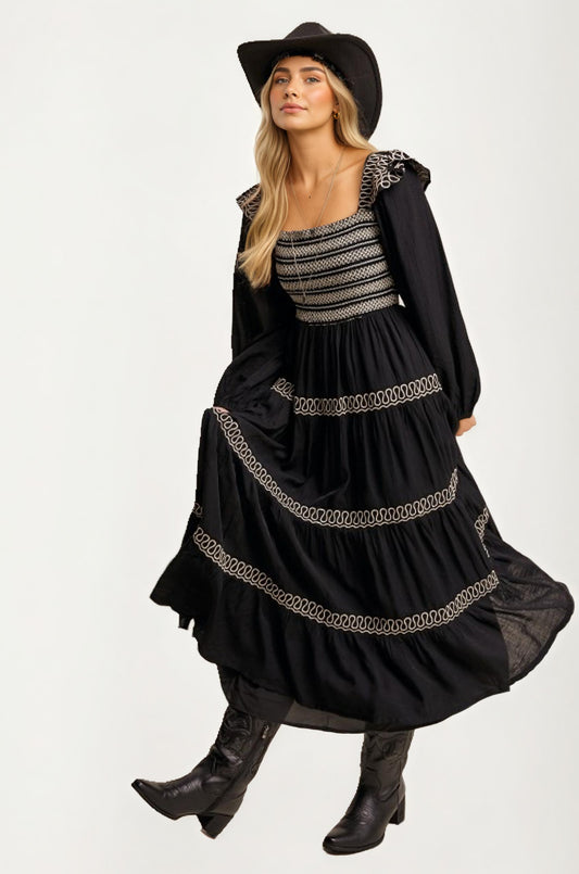 Smocked Bodice Tiered Maxi Dress with Embroidered Trim