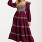 Smocked Bodice Tiered Maxi Dress with Embroidered Trim
