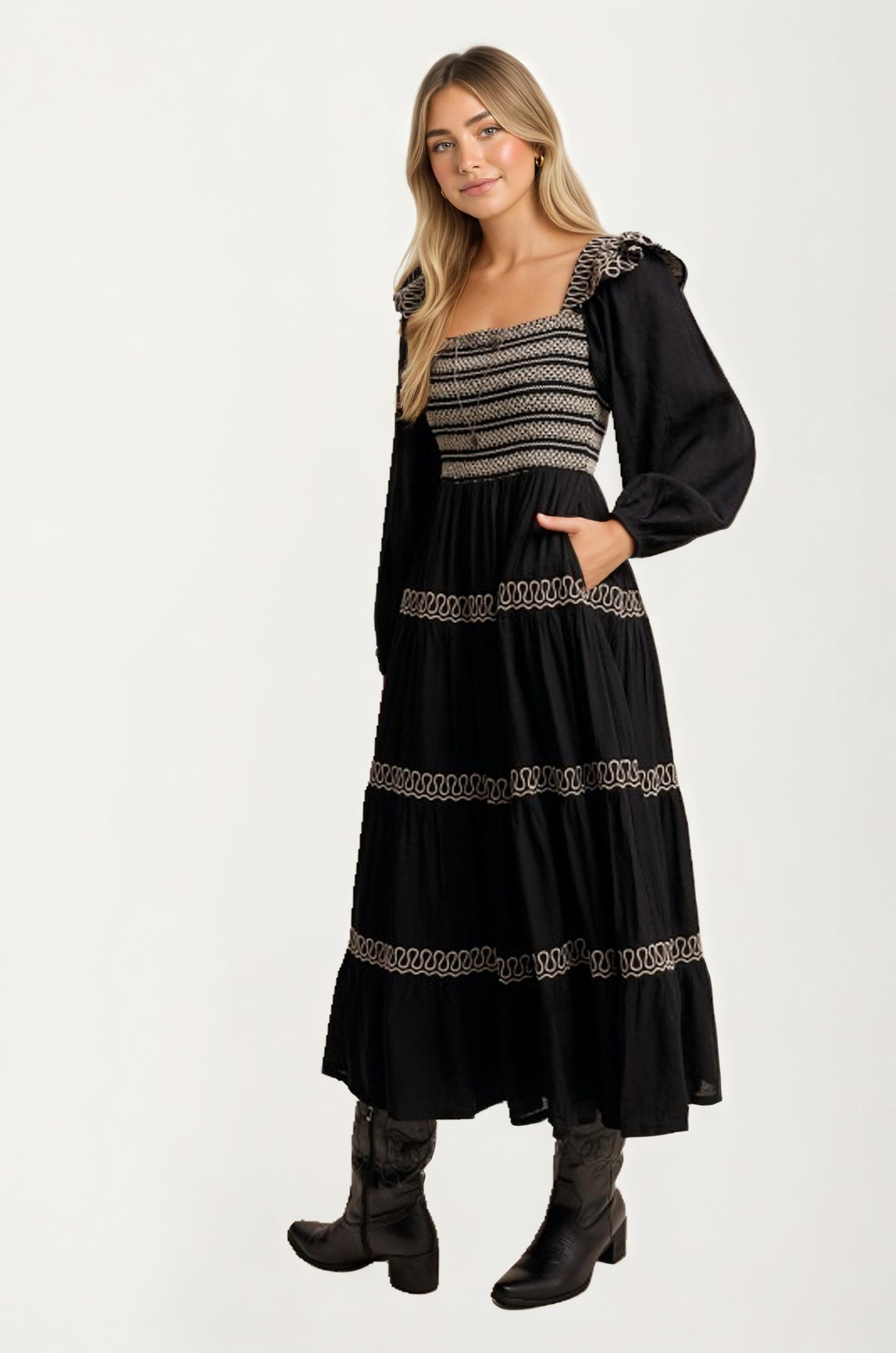 Smocked Bodice Tiered Maxi Dress with Embroidered Trim