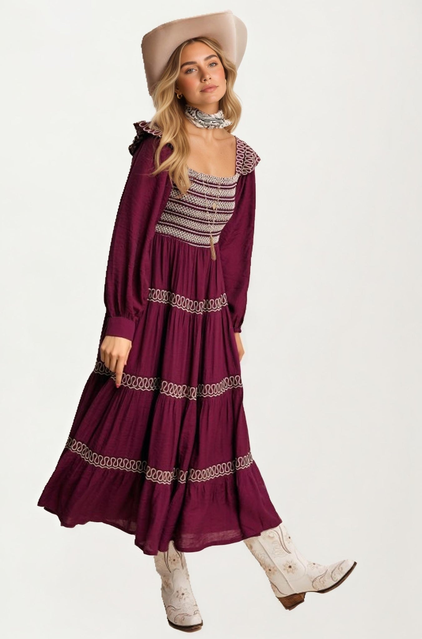 Smocked Bodice Tiered Maxi Dress with Embroidered Trim