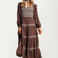 Smocked Bodice Tiered Maxi Dress with Embroidered Trim
