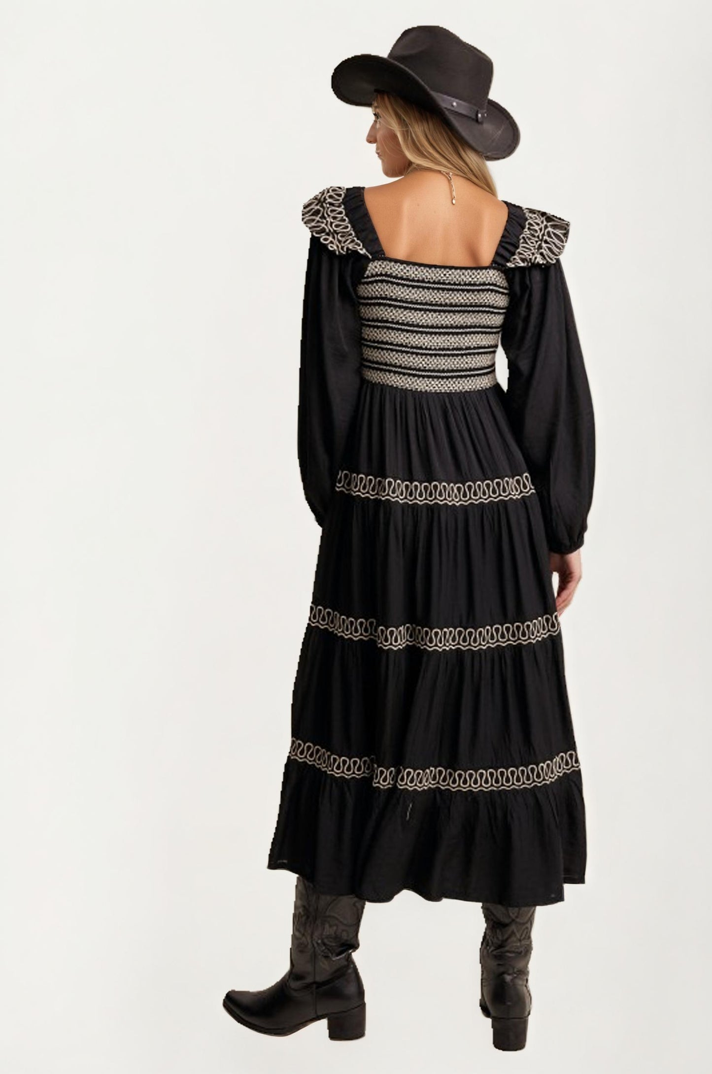 Smocked Bodice Tiered Maxi Dress with Embroidered Trim