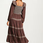 Smocked Bodice Tiered Maxi Dress with Embroidered Trim