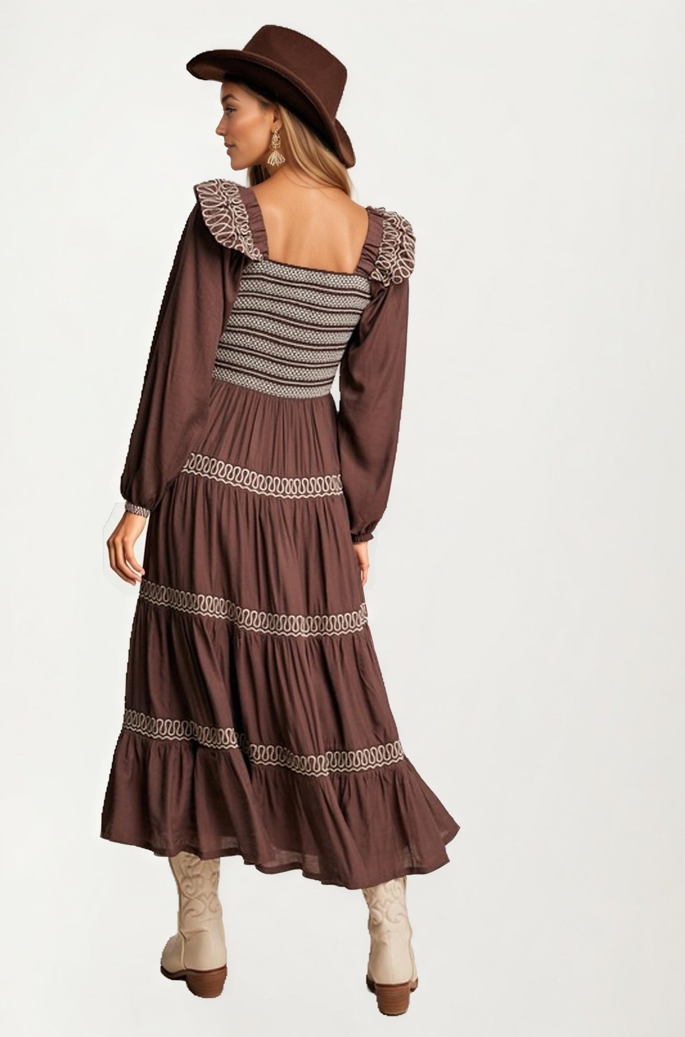Smocked Bodice Tiered Maxi Dress with Embroidered Trim