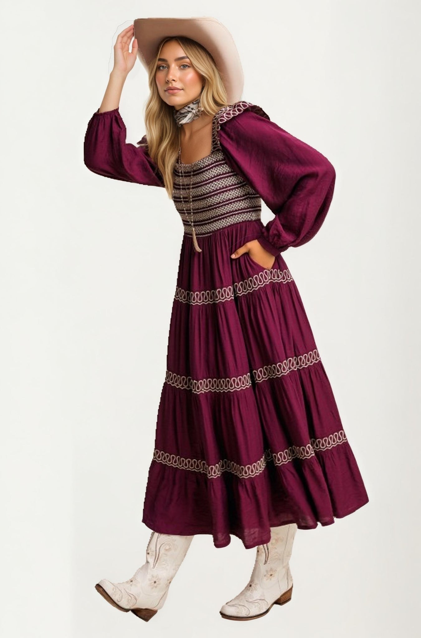 Smocked Bodice Tiered Maxi Dress with Embroidered Trim