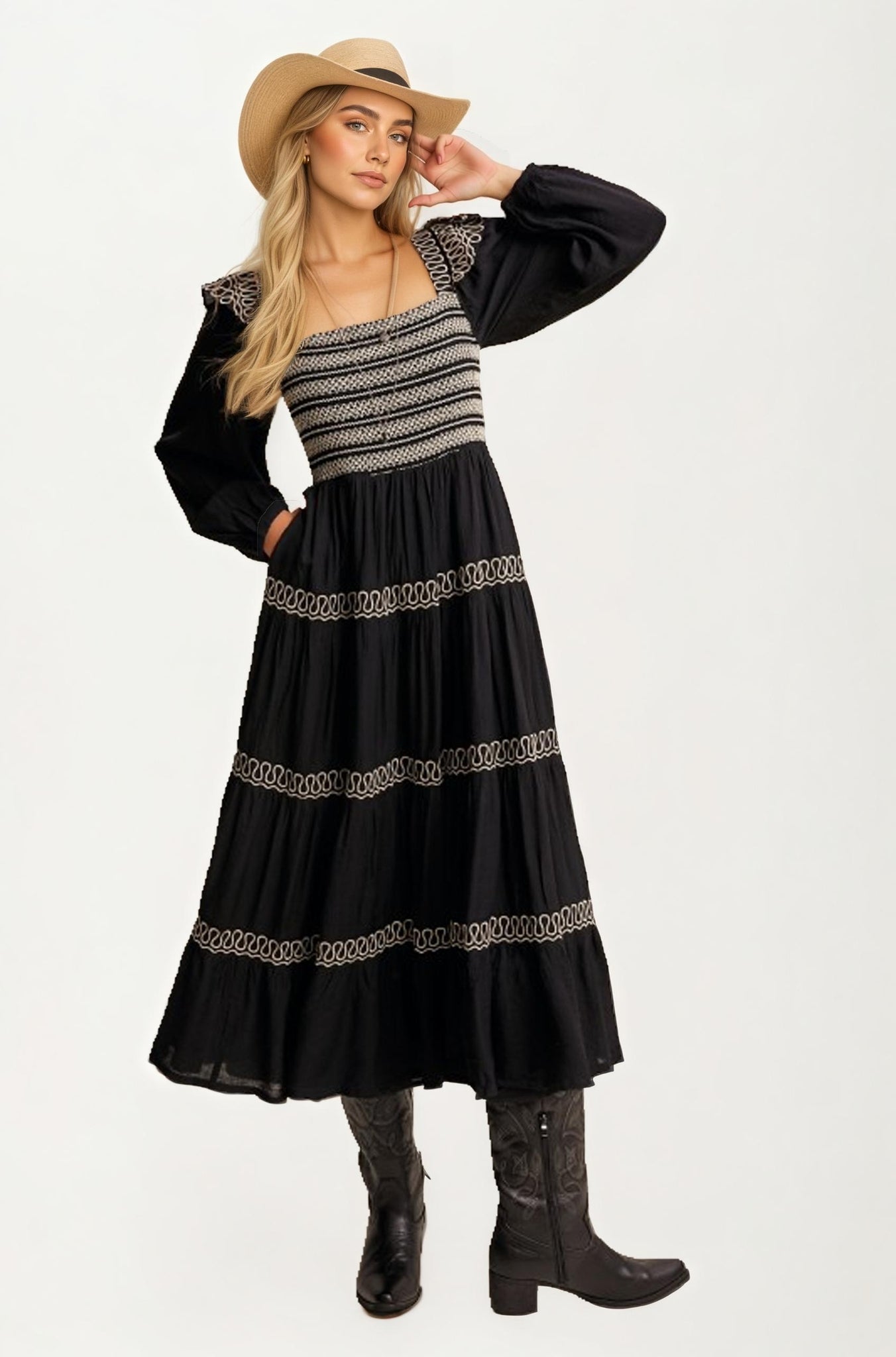 Smocked Bodice Tiered Maxi Dress with Embroidered Trim