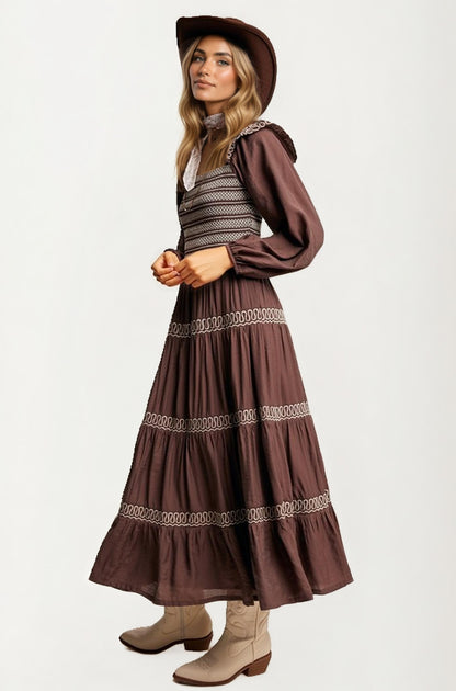 Smocked Bodice Tiered Maxi Dress with Embroidered Trim