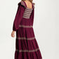 Smocked Bodice Tiered Maxi Dress with Embroidered Trim