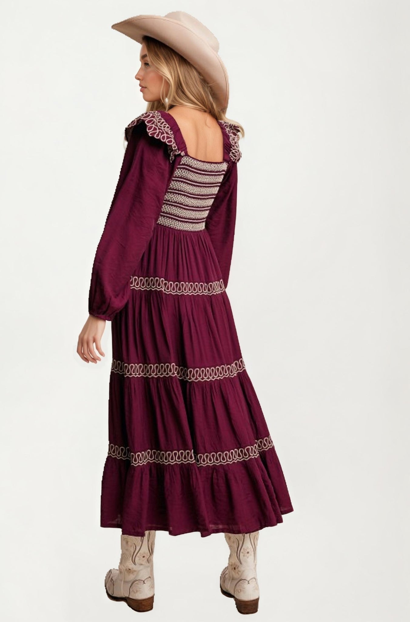 Smocked Bodice Tiered Maxi Dress with Embroidered Trim