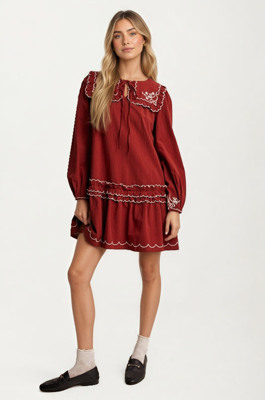 Long Sleeve Mini Dress with Scalloped Trim and Ruffle Detail