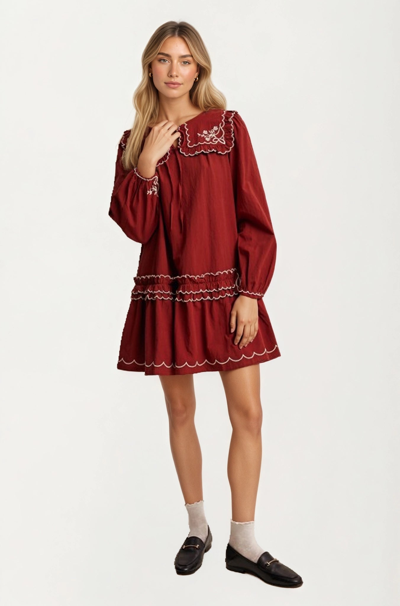 Long Sleeve Mini Dress with Scalloped Trim and Ruffle Detail