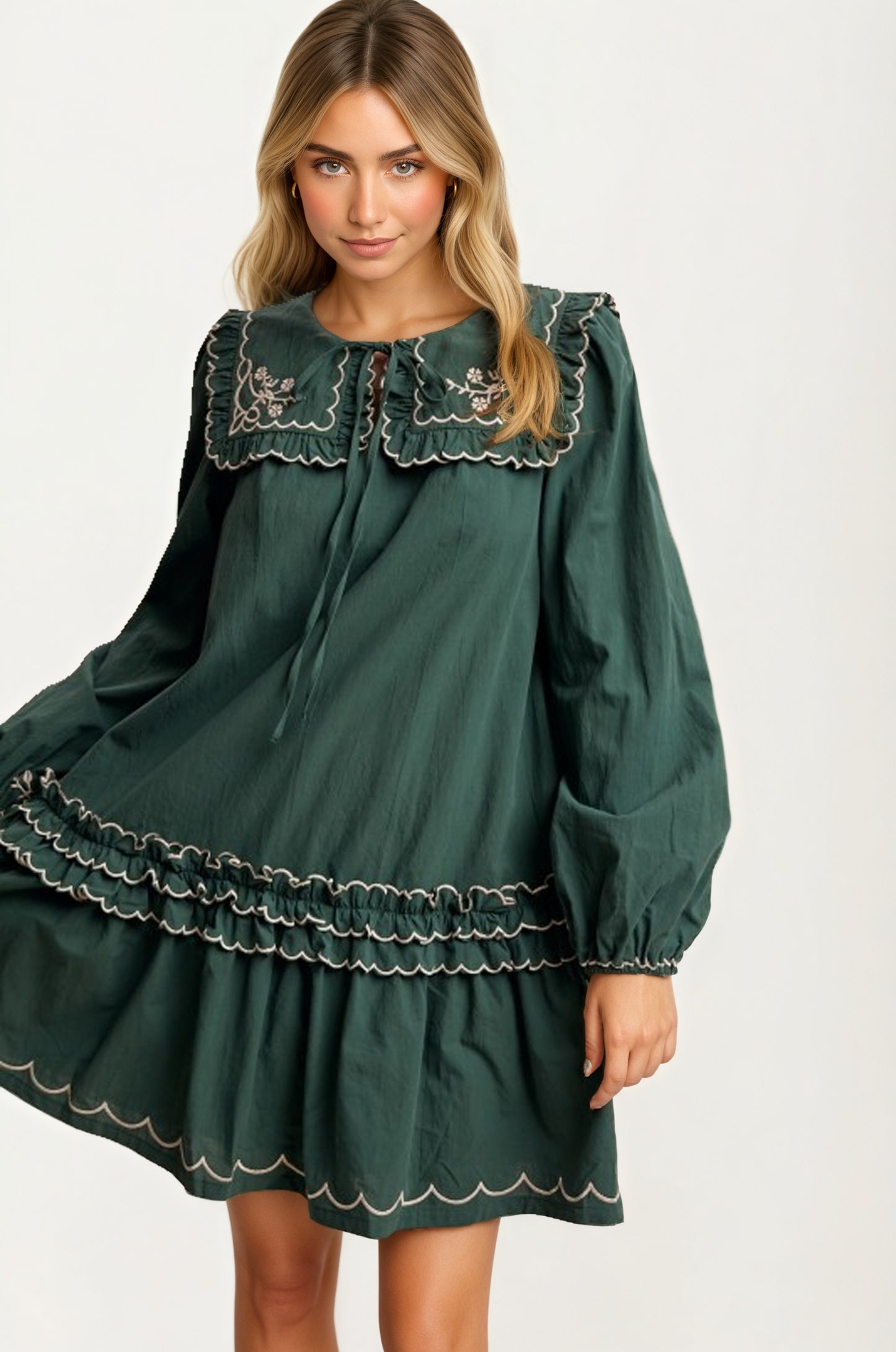 Long Sleeve Mini Dress with Scalloped Trim and Ruffle Detail
