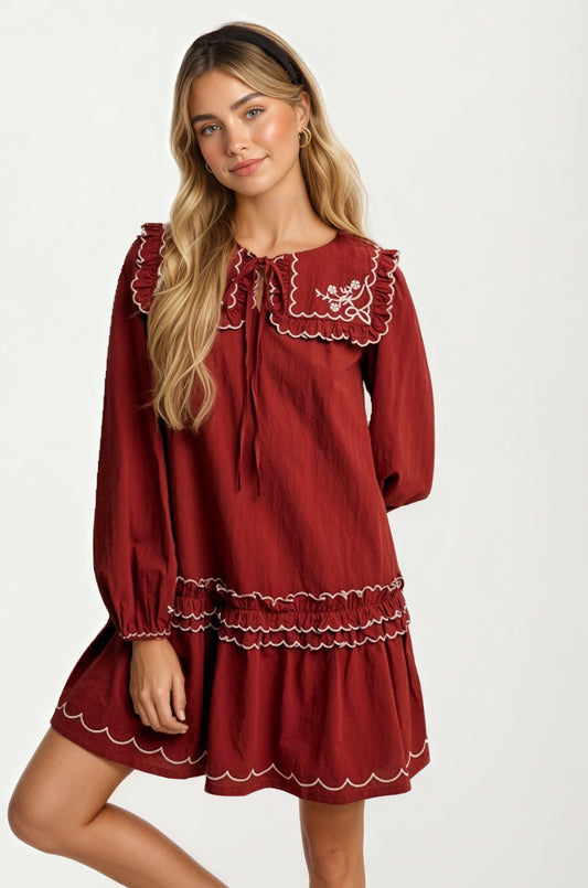 Long Sleeve Mini Dress with Scalloped Trim and Ruffle Detail