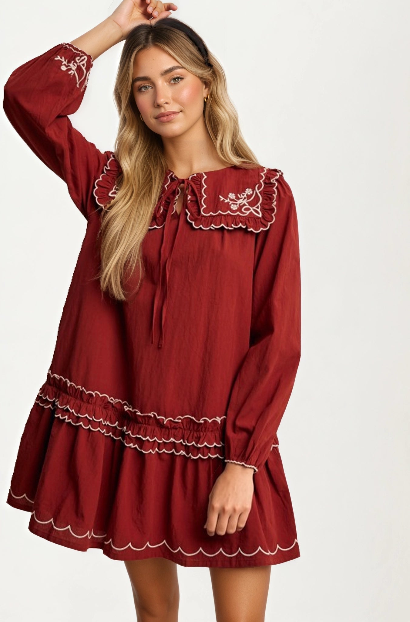 Long Sleeve Mini Dress with Scalloped Trim and Ruffle Detail