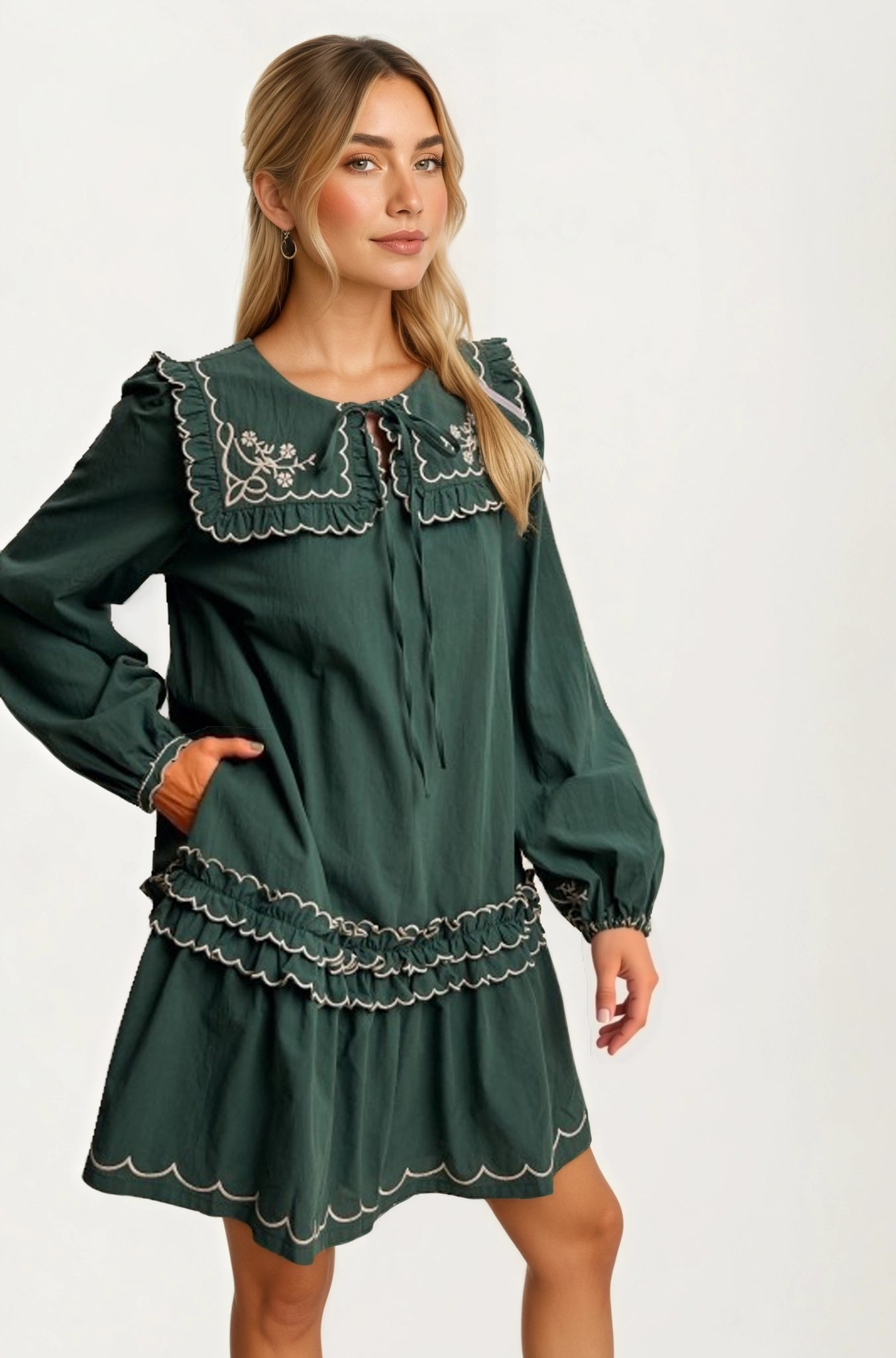 Long Sleeve Mini Dress with Scalloped Trim and Ruffle Detail