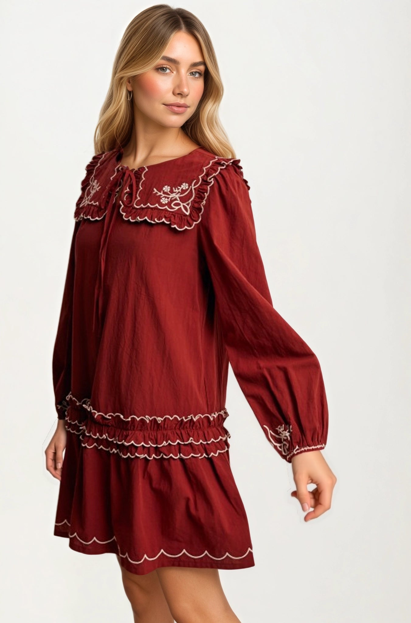 Long Sleeve Mini Dress with Scalloped Trim and Ruffle Detail