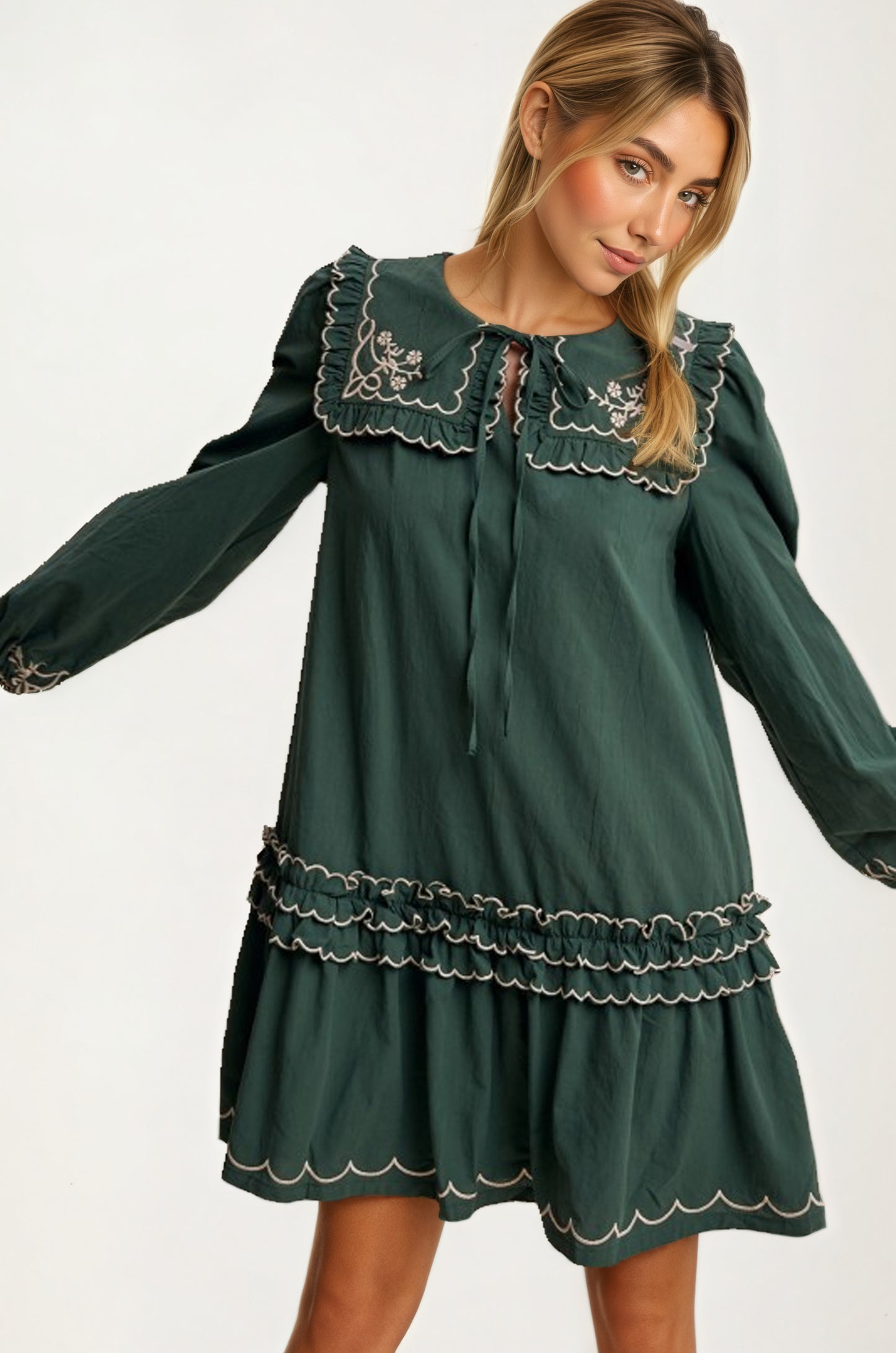 Long Sleeve Mini Dress with Scalloped Trim and Ruffle Detail