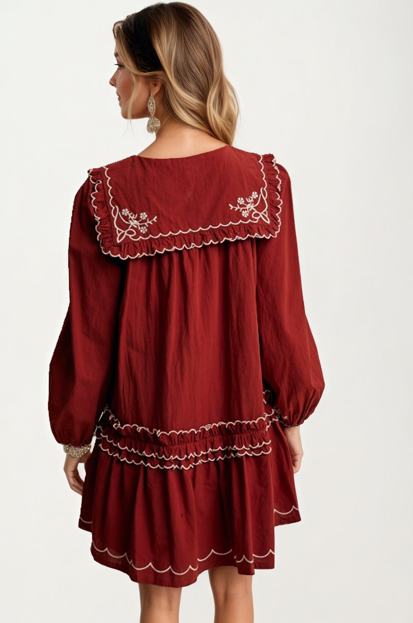 Long Sleeve Mini Dress with Scalloped Trim and Ruffle Detail
