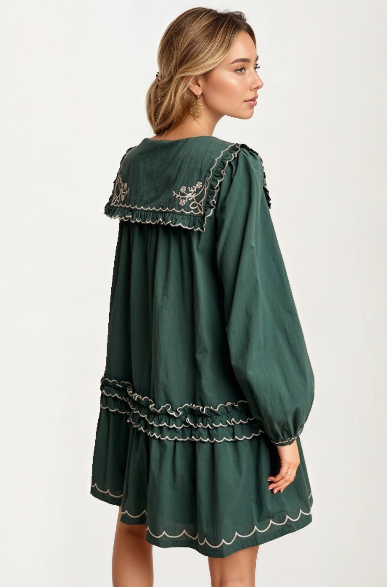 Long Sleeve Mini Dress with Scalloped Trim and Ruffle Detail