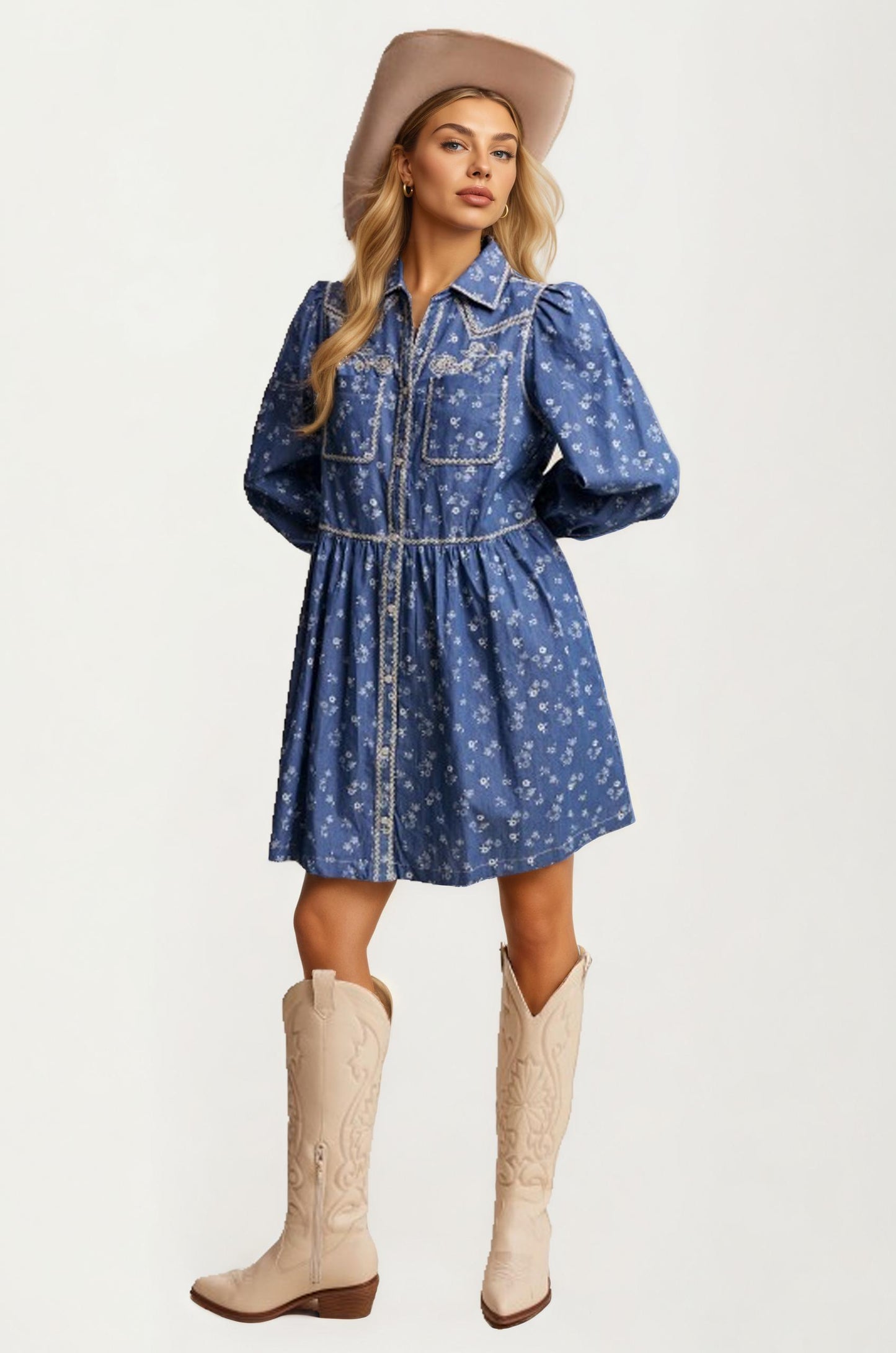 Blue Denim Mini Dress With Western Stitch Detail And Puff Sleeves