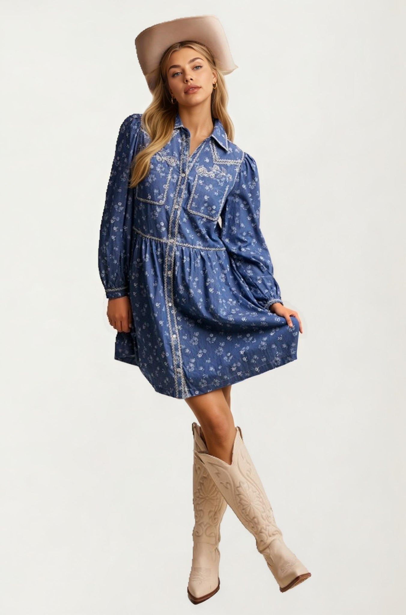 Blue Denim Mini Dress With Western Stitch Detail And Puff Sleeves