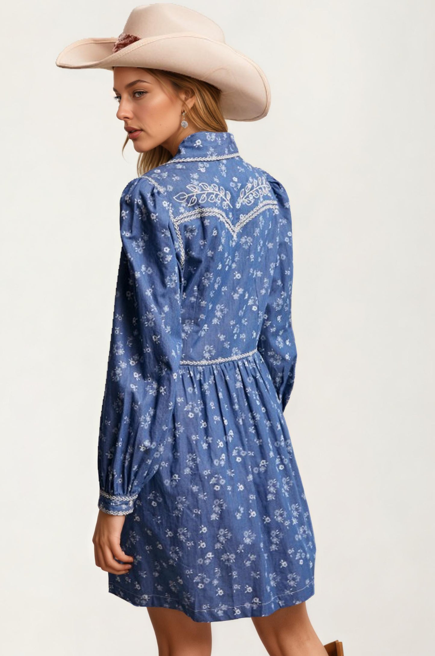 Blue Denim Mini Dress With Western Stitch Detail And Puff Sleeves