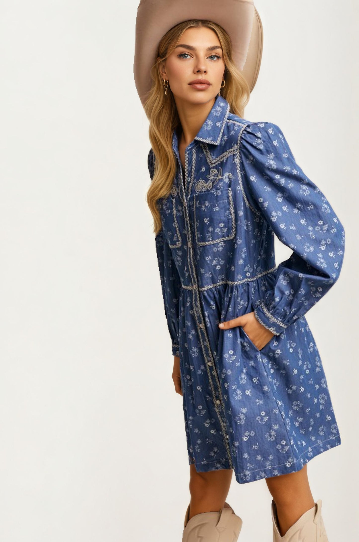 Blue Denim Mini Dress With Western Stitch Detail And Puff Sleeves