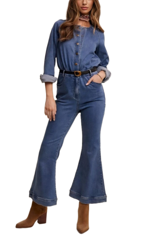 Denim Button-Front Flare Jumpsuit