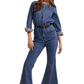 Denim Button-Front Flare Jumpsuit