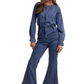 Denim Button-Front Flare Jumpsuit
