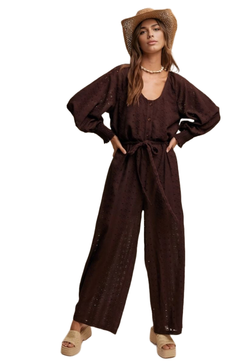 Chocolate Brown Eyelet Wide-Leg Tie Waist Jumpsuit