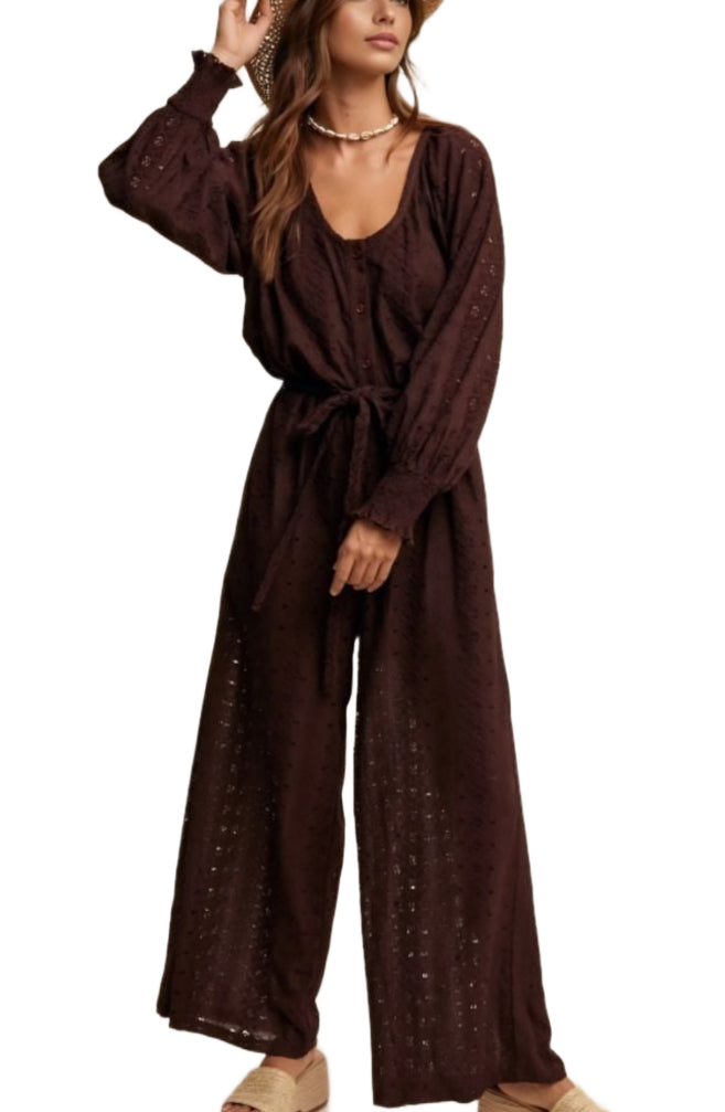 Chocolate Brown Eyelet Wide-Leg Tie Waist Jumpsuit