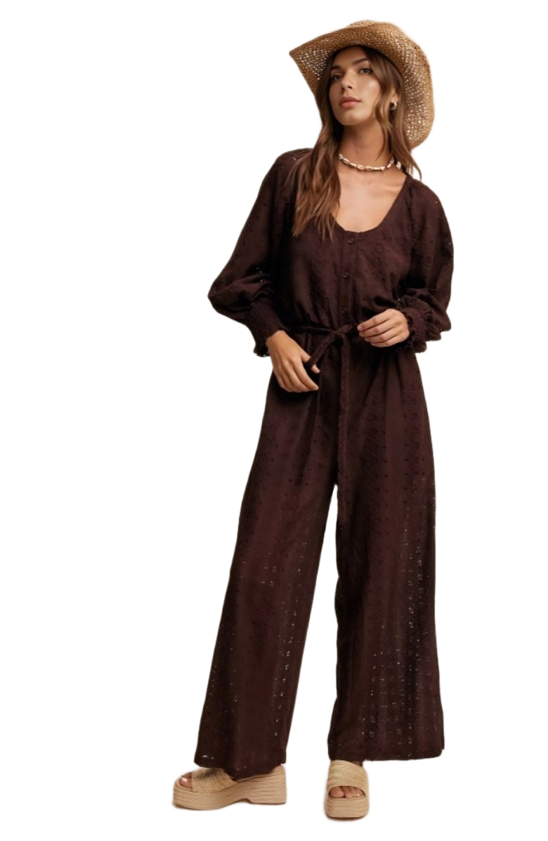 Chocolate Brown Eyelet Wide-Leg Tie Waist Jumpsuit