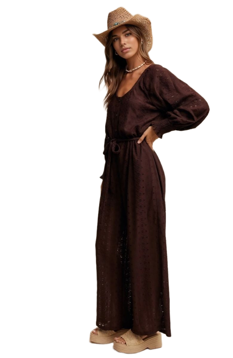 Chocolate Brown Eyelet Wide-Leg Tie Waist Jumpsuit