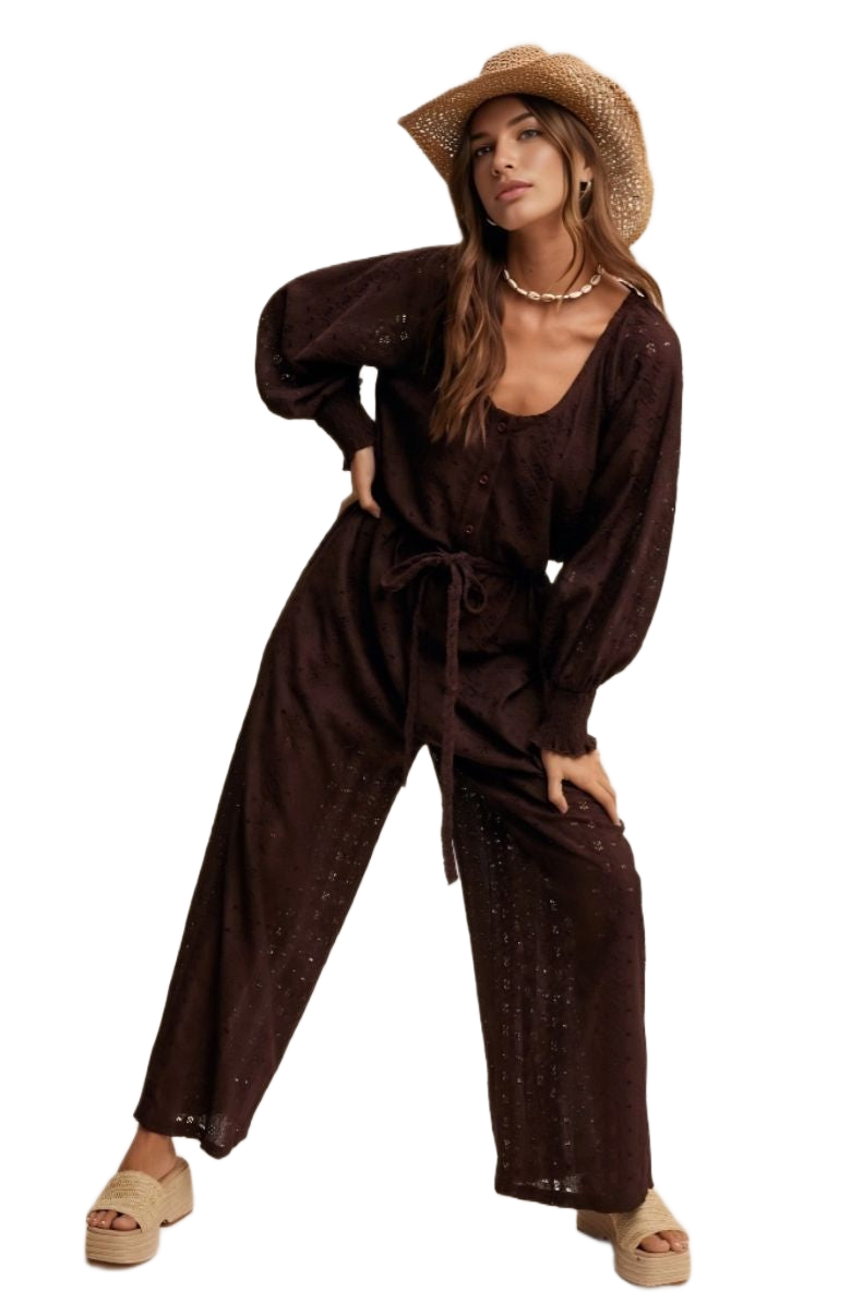 Chocolate Brown Eyelet Wide-Leg Tie Waist Jumpsuit