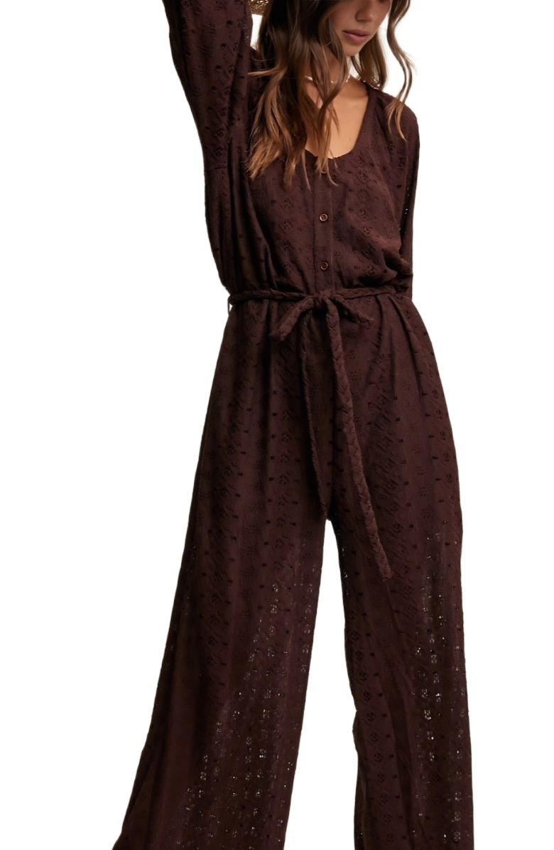 Chocolate Brown Eyelet Wide-Leg Tie Waist Jumpsuit