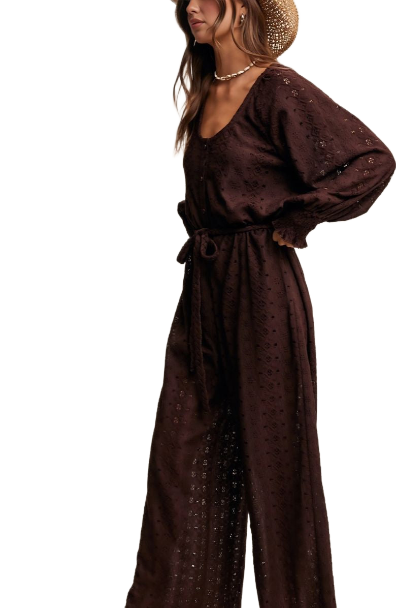 Chocolate Brown Eyelet Wide-Leg Tie Waist Jumpsuit