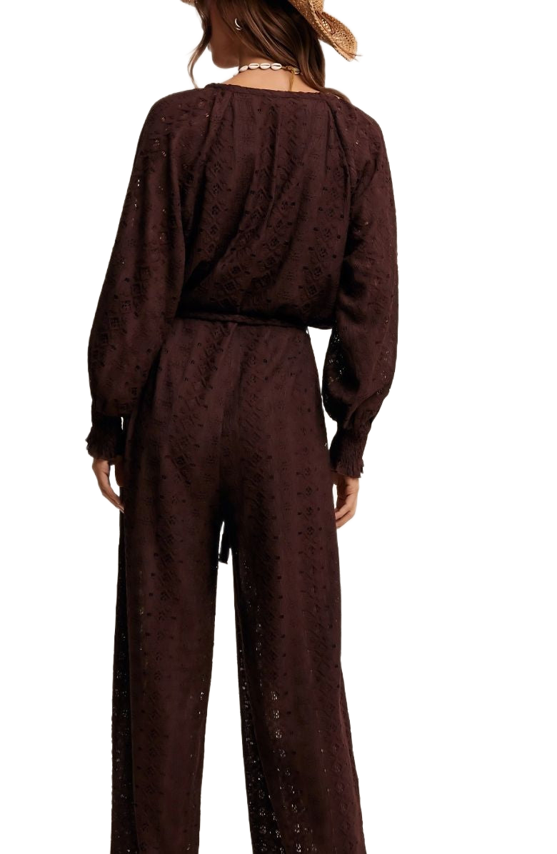 Chocolate Brown Eyelet Wide-Leg Tie Waist Jumpsuit
