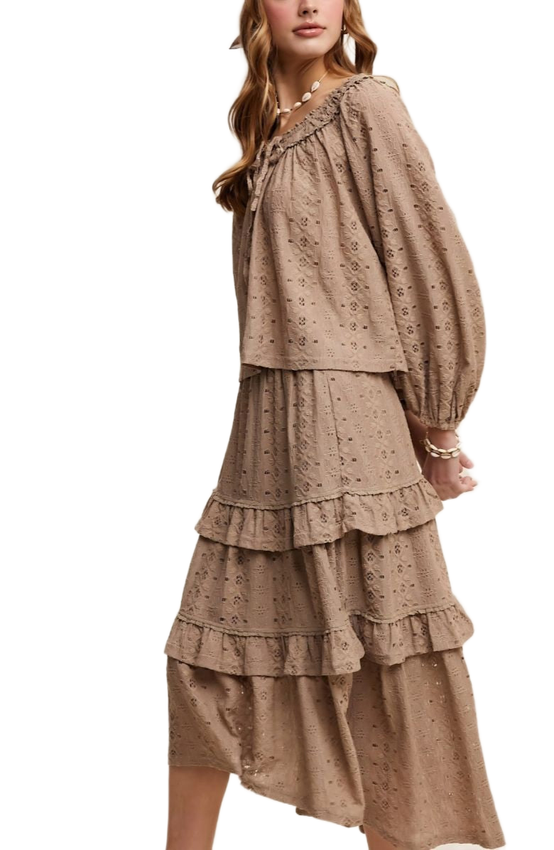 Taupe Eyelet Tiered Skirt & Top Boho Set