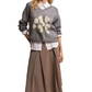 Gray Floral Pattern V-Neck Knit Pullover Sweater