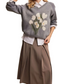 Gray Floral Pattern V-Neck Knit Pullover Sweater