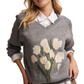 Gray Floral Pattern V-Neck Knit Pullover Sweater