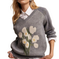 Gray Floral Pattern V-Neck Knit Pullover Sweater
