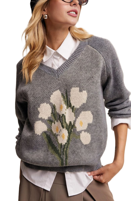 Gray Floral Pattern V-Neck Knit Pullover Sweater