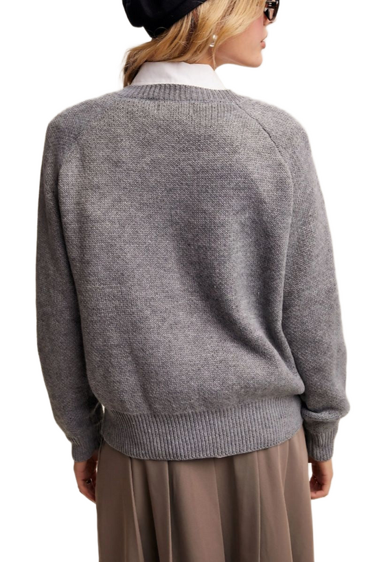 Gray Floral Pattern V-Neck Knit Pullover Sweater