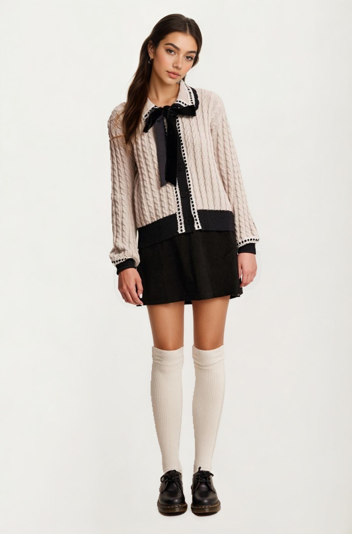 Soft Cable Knit Cardigan with Velvet Bow and Contrast Trim