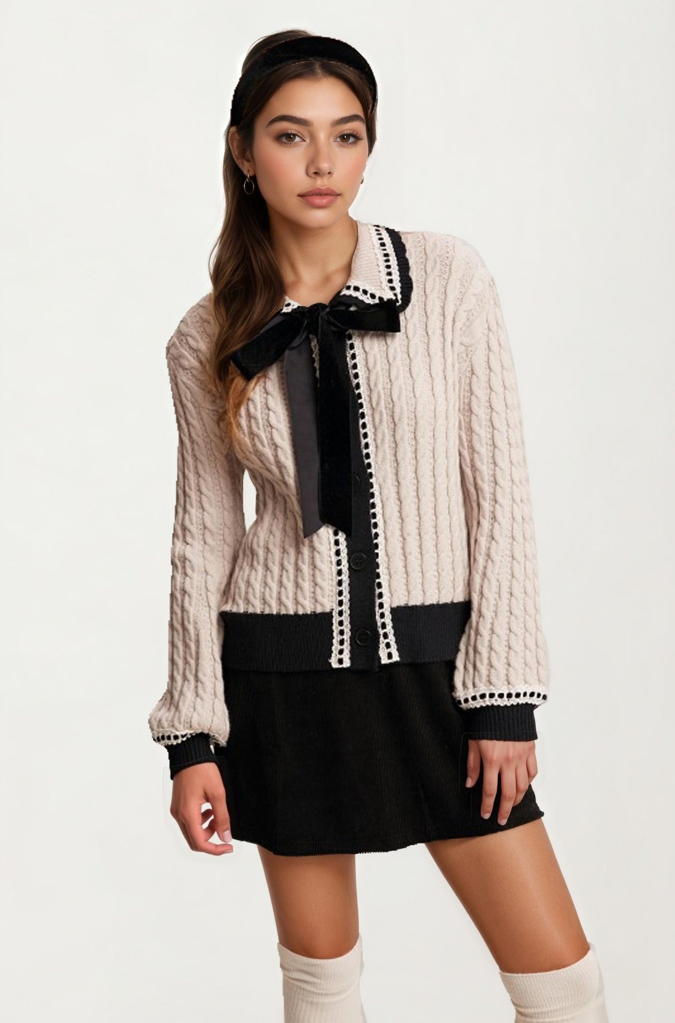 Soft Cable Knit Cardigan with Velvet Bow and Contrast Trim