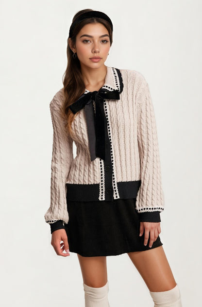 Soft Cable Knit Cardigan with Velvet Bow and Contrast Trim