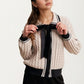 Soft Cable Knit Cardigan with Velvet Bow and Contrast Trim